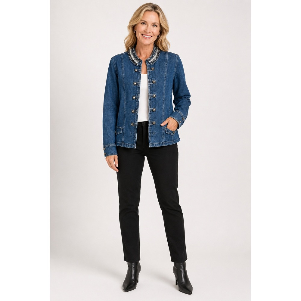 Vintage Hannah Denim Military Jacket Womens Medium Blue‎ Jean Cotton Beaded